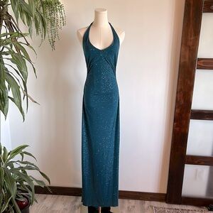 Vintage 90s Y2K Prom Elegant Sparkly Teal Halter Long Maxi Dress / Women’s Sz M